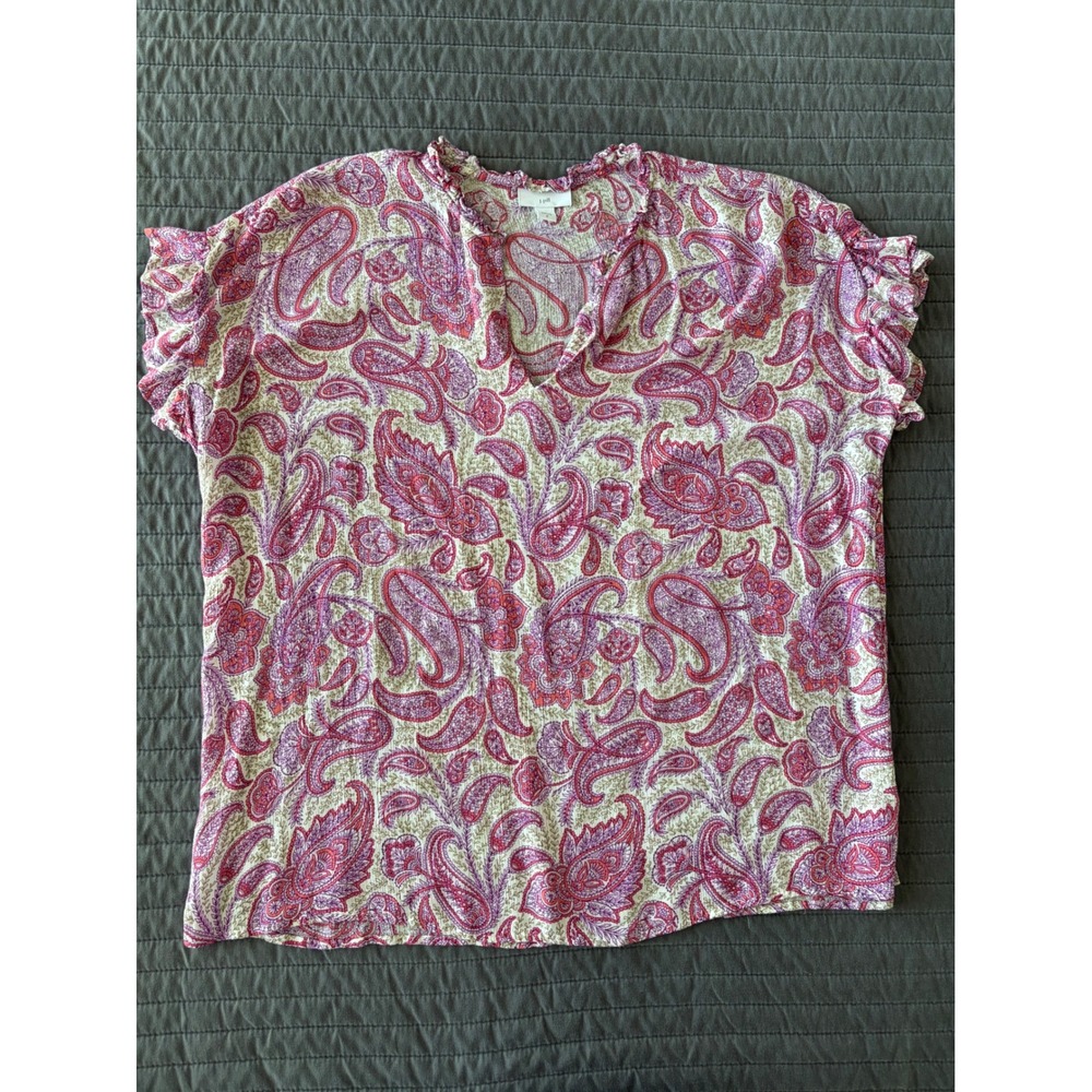 J. Jill Pink Purple Paisley Ruffle Neck Flutter Sleeve Blouse Top Womens Medium - Picture 2 of 7